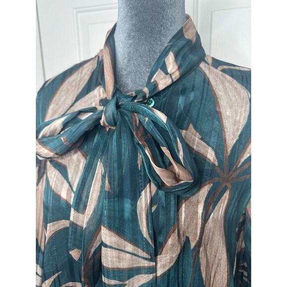 Green &‎ Tan Pleated Sleeves Blouse loose fit size Large - Picture 2 of 9